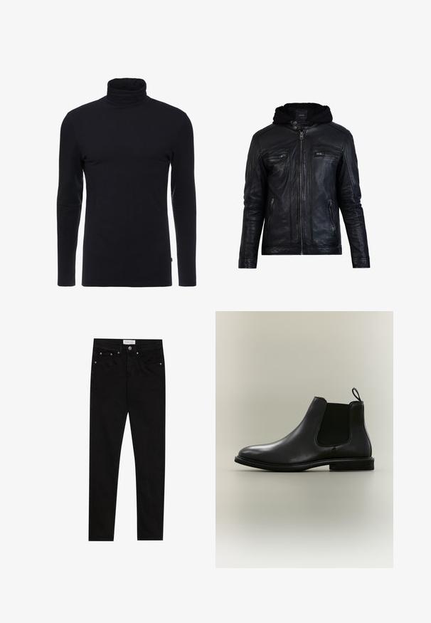 Chaqueta de cuero negra con cremallera frontal, capucha y dos bolsillos en el pecho. Presenta una textura suave y detalles de costura visibles.; Camisa de cuello alto negra de manga larga, hecha de una tela suave y elástica. Presenta un diseño ajustado y una textura lisa. Sin patrones ni acentos visibles.; Jeans skinnies de mezclilla negra con una textura suave, diseño de cinco bolsillos, costuras en contraste y una etiqueta de marca en la banda de la cintura.; Bota Chelsea de cuero negro con panel lateral elástico, lengüeta trasera, suela plana y puntera redondeada, mostrada sobre un fondo gris claro.