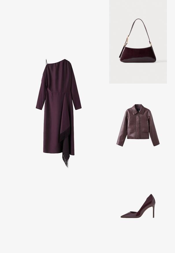 Bordeauxrode leren cropped jack met een puntige kraag, knoopsluiting aan de voorkant en twee vierkante zakken aan de onderkant aan de voorkant. Soepele textuur.; Asymmetrische midi-jurk in donkerpaars met één lange mouw, één dunne schouderband en franjerijke draperie aan één zijde.; Bordeaux patentleren hoge hakpumps, ontwerp met spitse neus, slanke silhouet en stilettohak. Gladde textuur met glanzende afwerking.; Donkerbruine glanzende leren handtas met enkele schouderriem en goudkleurige metalen details tegen een effen achtergrond.