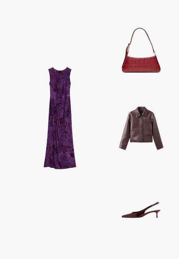 Bordeauxrode leren cropped jack met een puntige kraag, knoopsluiting aan de voorkant en twee vierkante zakken aan de onderkant aan de voorkant. Soepele textuur.; Mouwloze paarse maxijurk met donkere bloemenpatronen en geplooide stofdetails, plat uitgestald op een witte achtergrond.; Glanzende donkerbruine slingback kittenhak schoen met spitse neus en verstelbare gespband.; Kleine rode handtas met krokodillenprint en een enkele band met een gouden gesp op een witte achtergrond.