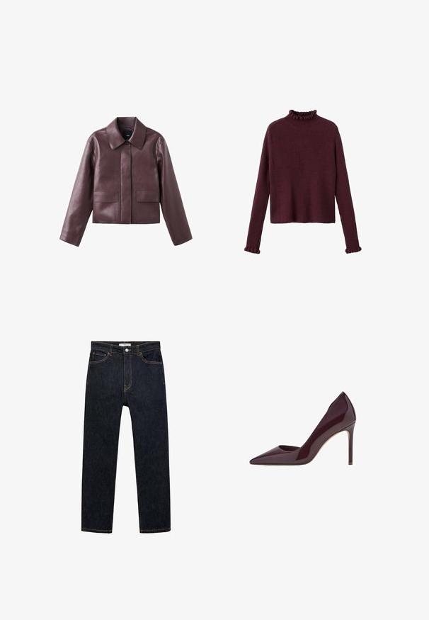 Bordeauxrode leren cropped jack met een puntige kraag, knoopsluiting aan de voorkant en twee vierkante zakken aan de onderkant aan de voorkant. Soepele textuur.; Bordeaux ribbel gebreid trui met een hoge hals en gerimpelde manchetten. Het ontwerp is losvallend en heeft een cropped lengte.; Donkerblauwe denimjeans met een rechte snit, vijf pockets ontwerp en contrasterend stiksel. Voorzien van een knoopsluiting en een lus voor een riem.; Bordeaux patentleren hoge hakpumps, ontwerp met spitse neus, slanke silhouet en stilettohak. Gladde textuur met glanzende afwerking.