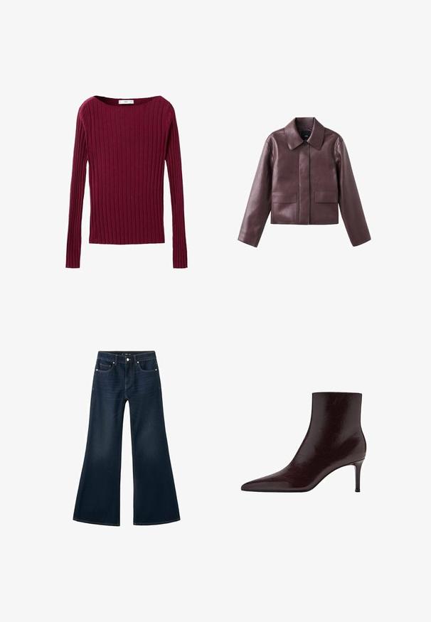 Bordeauxrode leren cropped jack met een puntige kraag, knoopsluiting aan de voorkant en twee vierkante zakken aan de onderkant aan de voorkant. Soepele textuur.; Bordeaux geribbelde longsleeve top met een ruime halslijn en een aansluitende pasvorm, gemaakt van een zachte breimateriaal.; Donkerblauwe denim flare jeans met een hoge taille, een ontwerp met vijf zakken en contrasterende stiksels. Gladde textuur met een brede pijpopening.; Bordeaux leren enkelboot met een spitse neus, slank design en een hoge stiletto hak. Vloeiende textuur met subtiele korrel details.