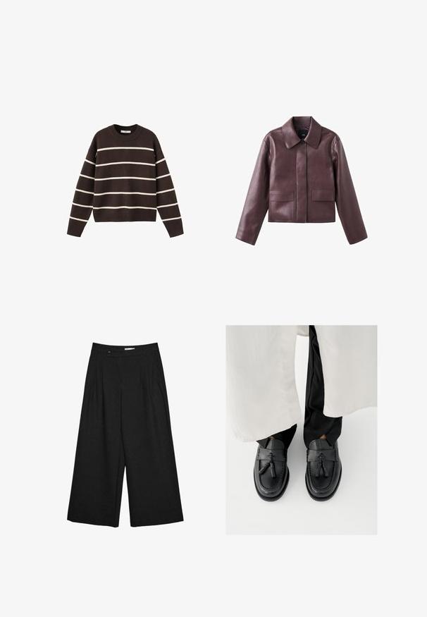 Vinrød lædercropped jakke med spids krave, knaplukning foran og to firkantede lommer på den nederste front. Glat tekstur.; Brun sweater med hvide vandrette striber, rund halsudskæring, lange ærmer og ribbede manchetter og kant, lavet af strikket stof.; Sorte, vidde-benet, korte bukser med frontplisseringer, bæltestropper og knaplukning i taljen.; Sorte læder loafers med kvastdetaljer, med rundet tå, syningsdetaljer og en glat finish, båret med sorte bukser.