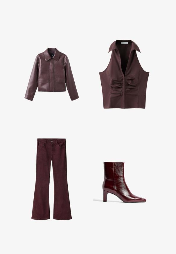 Bordeauxfarbenes kurz geschnittenes Lederjacke mit spitzem Kragen, Knopfleiste vorne und zwei quadratischen Taschen auf der unteren Vorderseite. Glatte Textur.; Ärmellose dunkelbraune Bluse mit tiefem V-Ausschnitt, weitem Kragen und gerafftem Detail in der vorderen Mitte.; Burgunderfarbene Schlagjeans aus weichem, dehnbarem Material. Mit klassischem Fünf-Taschen-Design und einem Reißverschluss mit Metallknopf.; Burgunderfarbene Leder-Ankle-Boots mit spitzem Zeh, schlankem Design und mittelhohem Blockabsatz. Glatte Oberfläche und minimale Nahtdetails.