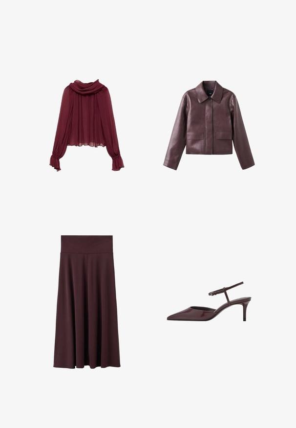 Bordeauxrode leren cropped jack met een puntige kraag, knoopsluiting aan de voorkant en twee vierkante zakken aan de onderkant aan de voorkant. Soepele textuur.; Bordeaux chiffon blouse met een gedrapeerde hals en lange mouwen. De mouwen hebben gather cuffs, wat een vloeiende silhouet creëert.; Marsala midi-rok gemaakt van zachte stof met een brede, elastische tailleband. Heeft een vloeiend ontwerp dat licht taps toeloopt naar de zoom.; Bordeaux patentleren slingback hakken met een puntige neus, dunne enkelband en een gematigde stiletto hak. Glad, glanzend afwerking.