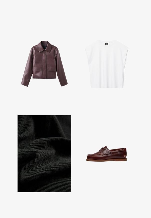 Vinrød lædercropped jakke med spids krave, knaplukning foran og to firkantede lommer på den nederste front. Glat tekstur.; Hvid ærmeløs crop top med rund halsudskæring, brede skuldre og sort "B6"-label indvendigt i kraven.; Sorte ribbet stof med en struktureret overflade, der fremhæver subtile folder og kurver. Materialet ser let og fleksibelt ud.; Brun læder bådsko med snørre, syningsdetaljer og Timberland-logo på siden, vist på en hvid baggrund.
