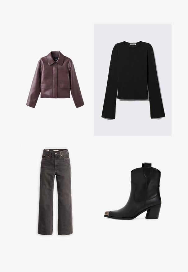 Bordeauxfarbenes kurz geschnittenes Lederjacke mit spitzem Kragen, Knopfleiste vorne und zwei quadratischen Taschen auf der unteren Vorderseite. Glatte Textur.; Schwarzes Langarmshirt mit Rundhalsausschnitt, figurbetonter Silhouette und leicht ausgestellten Ärmeln, gekennzeichnet mit einem "Weekday" Markenetikett im Nacken.; Hoch taillierte, weite Jeans aus dunkelgrauem Denim mit Fronttaschen, kontrastierenden kupferfarbenen Nieten und einem schlichten, unauffälligen Finish ohne Verzierungen.; Schwarzer Leder-Stiefelette mit leichtem Absatz, spitz zulaufender Spitze und metallischer Kappe. Schlichte Nahtführung und Zuglasche an der Rückseite.