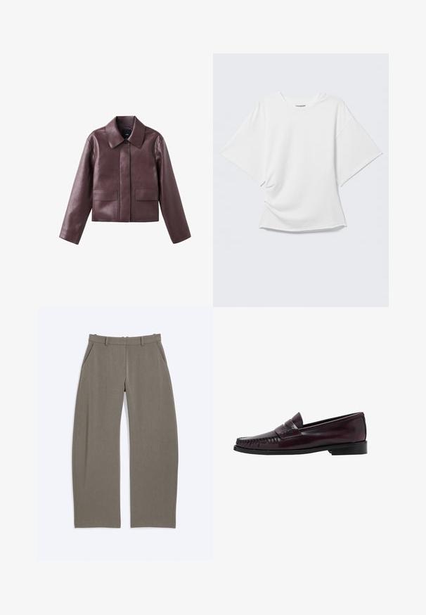 Vinrød lædercropped jakke med spids krave, knaplukning foran og to firkantede lommer på den nederste front. Glat tekstur.; Hvid oversized T-shirt med korte ærmer og rund hals vist på en lysegrå baggrund.; Bukser med lige ben i taupe med bæltestropper og sidelommer, lagt fladt på en hvid baggrund.; Mænds mørkebrune læder penny loafers med sort sål og syning langs tåen, vist i sideprofil.