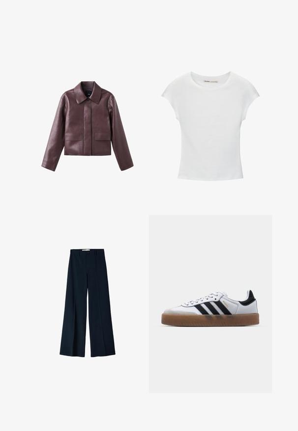 Vinrød lædercropped jakke med spids krave, knaplukning foran og to firkantede lommer på den nederste front. Glat tekstur.; Hvid bomuld t-shirt med korte, opsmøgede ærmer, rund halsudskæring og lige kant. Glat tekstur uden synlige mønstre eller detaljer.; Marineblå bredbensbukser lavet af et glat stof, med to frontfoldninger og en enkelt knaplukning i taljen.; Hvide lædersneakers med sorte striber, gummirubber sål, rund tå, snørelukning og blød grå ruskinds tåhætte.