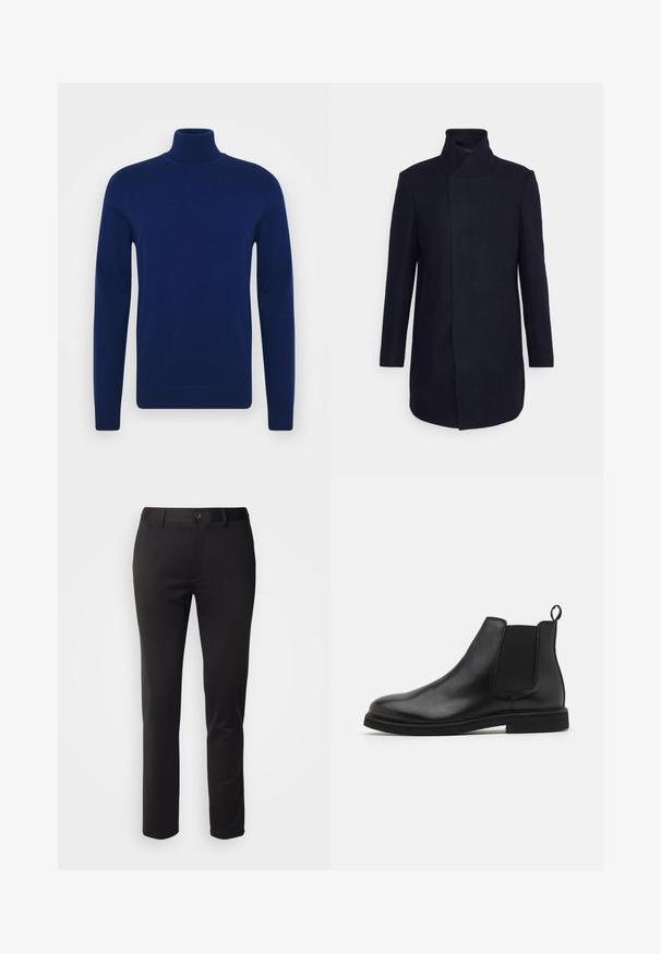 Manteau en mélange de laine bleu marine avec un col haut, un design ajusté, des manches longues et des poches latérales. Texture douce et style minimaliste.; Pull en col roulé bleu marine en tissu tricoté lisse. Manches longues et design ajusté avec des accents côtelés au col et à l'ourlet.; Pantalons noirs en tissu lisse, avec une coupe droite, fermeture à bouton à l'avant et passants de ceinture, présentés sur un fond blanc.; Bottines Chelsea en cuir noir avec panneaux élastiques sur les côtés et une languette. Bout arrondi et semelle en caoutchouc plate, mettant en valeur une finition lisse.
