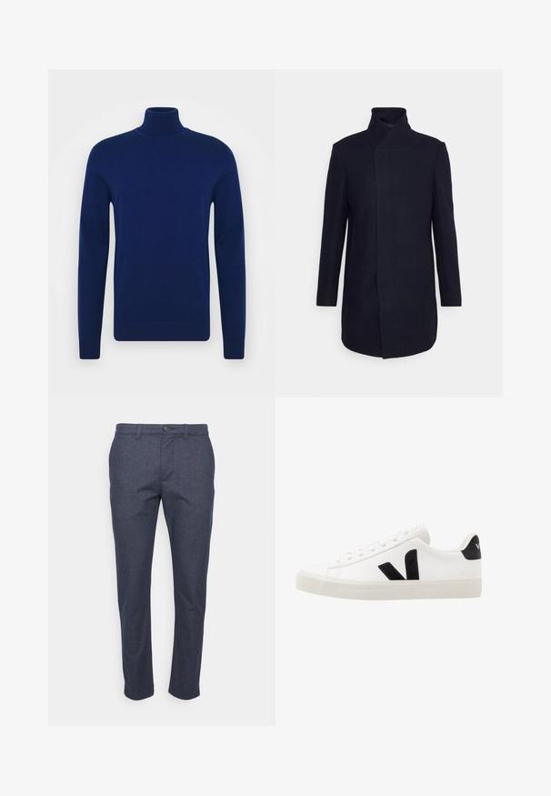 Marineblå uldblandingsfrakke med høj krave, skræddersyet design, lange ærmer og sidelommer. Glat tekstur og minimalistisk stil.; Mørkeblå rullekrave striktrøje lavet af glat strikket stof. Lange ærmer og tætsiddende design med ribbede detaljer ved kraven og kanten.; Mørkeblå herre bukser med bæltestropper, knaplukning og slank lige ben pasform på hvid baggrund.; Hvide lædersneakers med sorte ruskindsdetaljer; har en gummisål, rund tå og klassisk snørebåndsdesign. Side logo i sort.