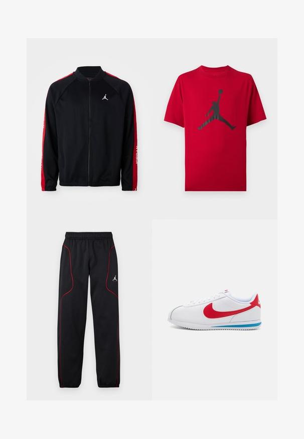 Chaqueta deportiva negra con cremallera y rayas rojas en las mangas, puños elásticos y logo Jumpman blanco en el pecho izquierdo.; Camiseta roja de manga corta con la silueta negra de un jugador de baloncesto saltando, sosteniendo un balón en alto con una mano.; Pantalones deportivos negros con ribetes rojos, cintura y puños elásticos, y un pequeño logo blanco de Jumpman en el muslo derecho.; Zapatilla blanca con acentos rojos, con una parte superior de cuero suave, punta redonda y una suela azul. Diseño con cordones y detalles de costura visibles.