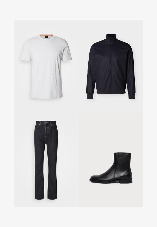 Veste de survêtement zippée bleu marine en tissu lisse, avec un col montant, des manches côtelées et un logo discret sur la poitrine.; T-shirt blanc à manches courtes en coton doux, avec un col rond et un subtil détail de logo assorti en blanc sur le devant.; Jean en denim noir taille haute avec fermeture à bouton et à glissière, poches avant et arrière, et coupe droite.; Bottine en cuir noir à talon bas, couture latérale et petit logo "HUGO" sur le revers supérieur sur un fond uni.