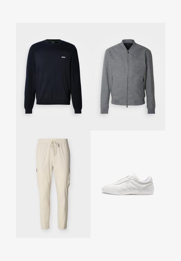 Veste bomber grise avec une coupe structurée, des poignets et un ourlet côtelés, deux poches latérales zippées et une finition lisse. Comprend un col montant.; Pull en maille bleu marine à manches longues avec col rond, équipé de poignets et d'un ourlet côtelés, arborant un petit logo blanc "BOSS" sur la poitrine gauche.; Pantalon cargo beige avec taille élastique, cordon de serrage, poches latérales et jambes effilées, fabriqué en tissu léger et lisse.; Baskets en cuir blanc à profil bas avec coutures discrètes, fermeture à lacets et semelle en caoutchouc, présentées de côté sur un fond blanc.