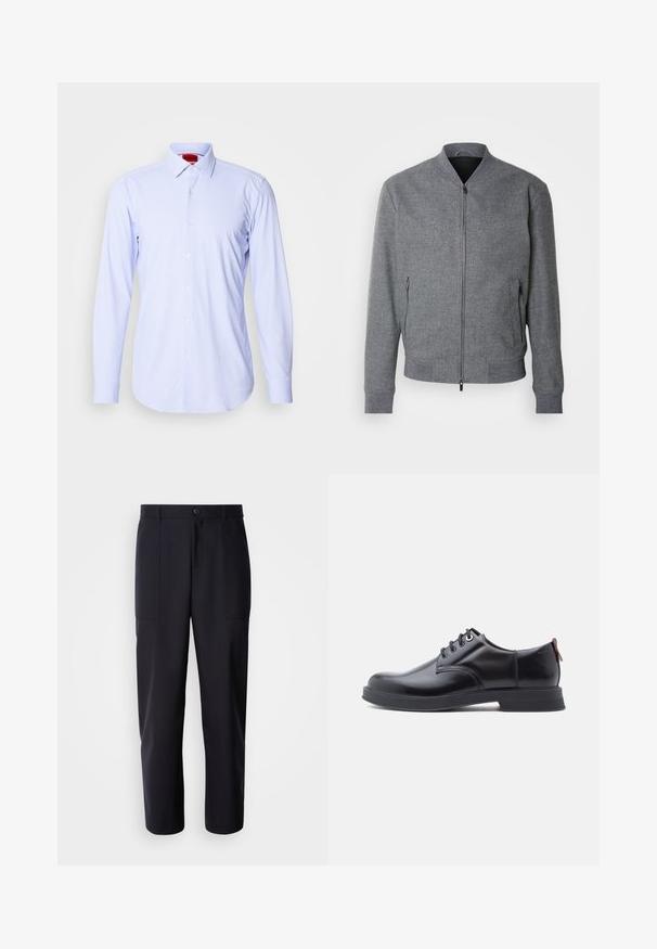 Grau Bomberjacke mit strukturiertem Schnitt, gerippten Bündchen und Saum, zwei seitlichen Reißverschluss-Taschen und glatter Oberfläche. Mit Stehkragen.; Hellblau gemustertes Button-Down-Hemd mit langen Ärmeln und klassischem Kragen. Verfügt über kleine Quadrate und weiße Knöpfe. Glatte Stofftextur.; Dunkelblaue Hosen aus glattem Stoff, mit geradem Bein-Design, zwei Seiten Taschen und einem Knopfverschluss an der Taille.; Schwarze Leder-Schnürschuhe mit glatter Textur, rundem Zehenbereich und dezenten Ziernähten. Mit einem roten Laschenband an der Ferse.
