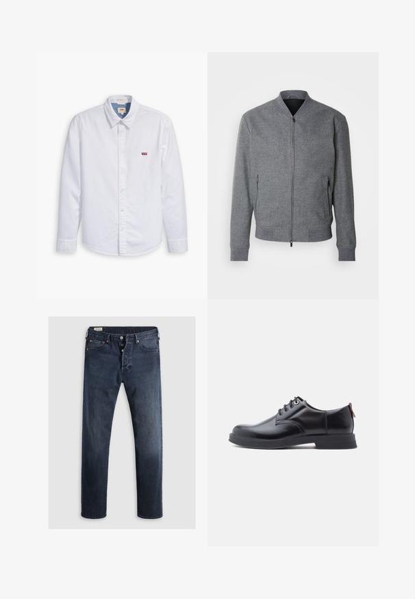 Chaqueta bomber gris con un ajuste estructurado, puños y dobladillo de punto acanalado, dos bolsillos laterales con cremallera y un acabado suave. Presenta un cuello alzado.; Camisa de botón de manga larga blanca hecha de algodón. Presenta un cuello puntiagudo y un pequeño logo rojo de Levi's en el pecho izquierdo. Textura suave.; Jeans de mezclilla azul oscuro con corte recto, que cuentan con cremallera, botones metálicos y acentos de remaches de cobre. Textura suave, sin patrones visibles.; Zapatos de piel negra con cordones, textura lisa, puntera redondeada y detalles sutiles de costura. Cuentan con una lengüeta roja en el talón.
