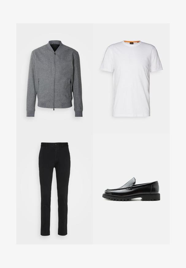 Grau Bomberjacke mit strukturiertem Schnitt, gerippten Bündchen und Saum, zwei seitlichen Reißverschluss-Taschen und glatter Oberfläche. Mit Stehkragen.; Weißes Baumwoll-T-Shirt mit Rundhalsausschnitt, kurzen Ärmeln und einem dezenten geprägten Logo auf der Brust. Das Innenschild hat einen orangefarbenen Akzent.; Schwarze Baumwoll-Chinos mit schmaler Passform, ausgestattet mit einem normalen Bund, seitlichen Taschen und einer Gesäßtasche. Glatte Textur und minimalistische Gestaltung.; Schwarzer Lederloafer mit grober Gummisohle, genähter Oberseite und geprägtem Markennamen an der Ferse, seitlich auf weißem Hintergrund gezeigt.