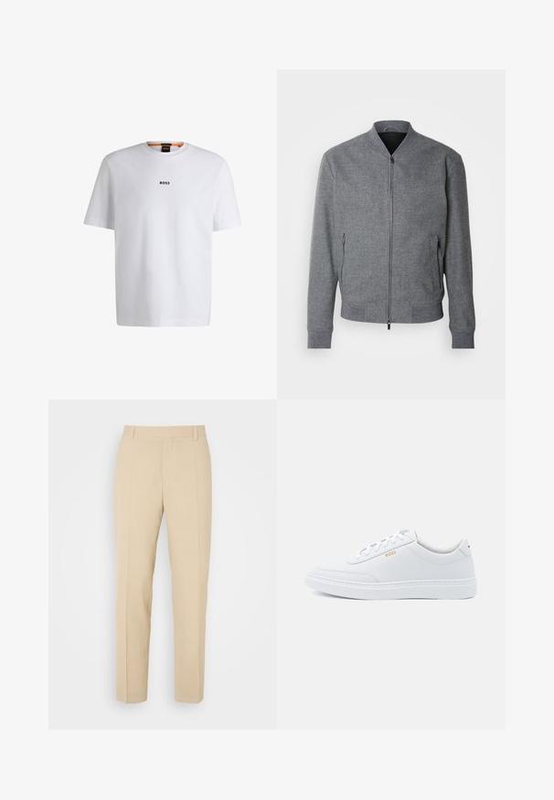 Veste bomber grise avec une coupe structurée, des poignets et un ourlet côtelés, deux poches latérales zippées et une finition lisse. Comprend un col montant.; T-shirt en coton blanc à manches courtes, avec un logo noir "BOSS" centré sur la poitrine et un design à col rond.; Pantalons beige ajustés avec une coupe droite, fabriqués en tissu léger, dotés de deux poches avant et de plis bien repassés.; Baskets blanches en cuir avec une texture lisse, bout rond et coutures tonales. Possède des lacets bleus et un logo doré sur le côté.