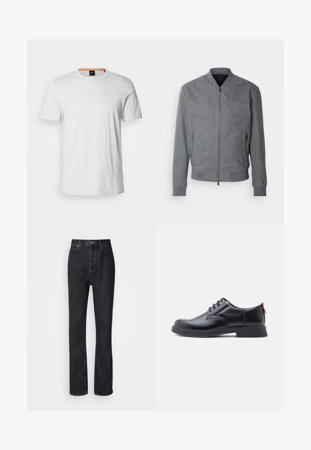 Grau Bomberjacke mit strukturiertem Schnitt, gerippten Bündchen und Saum, zwei seitlichen Reißverschluss-Taschen und glatter Oberfläche. Mit Stehkragen.; Weißes T-Shirt mit kurzen Ärmeln aus weicher Baumwolle, mit einem runden Ausschnitt und dezenter Logodetail in passendem Weiß auf der Vorderseite.; Hochtaillierte schwarze Jeans aus Denim mit Knopf- und Reißverschluss, Vorder- und Hintertaschen sowie einer geraden Passform.; Schwarze Leder-Schnürschuhe mit glatter Textur, rundem Zehenbereich und dezenten Ziernähten. Mit einem roten Laschenband an der Ferse.