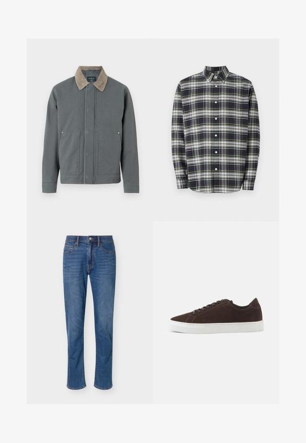 Veste en toile grise avec un col en velours côtelé, deux poches avant et une fermeture frontale simple. Présente une surface texturée et une coupe décontractée.; Chemise à manches longues en tartan bleu marine, vert et blanc. Dispose d'un col boutonné, de boutons sur le devant et d'une coupe décontractée. Tissu en coton.; Jean droit bleu en denim avec fermeture devant à bouton et zip, cinq poches et légère décoloration aux cuisses.; Baskets basses en daim marron foncé avec des lacets assortis et une semelle blanche épaisse en caoutchouc, présentées de profil sur un fond uni.