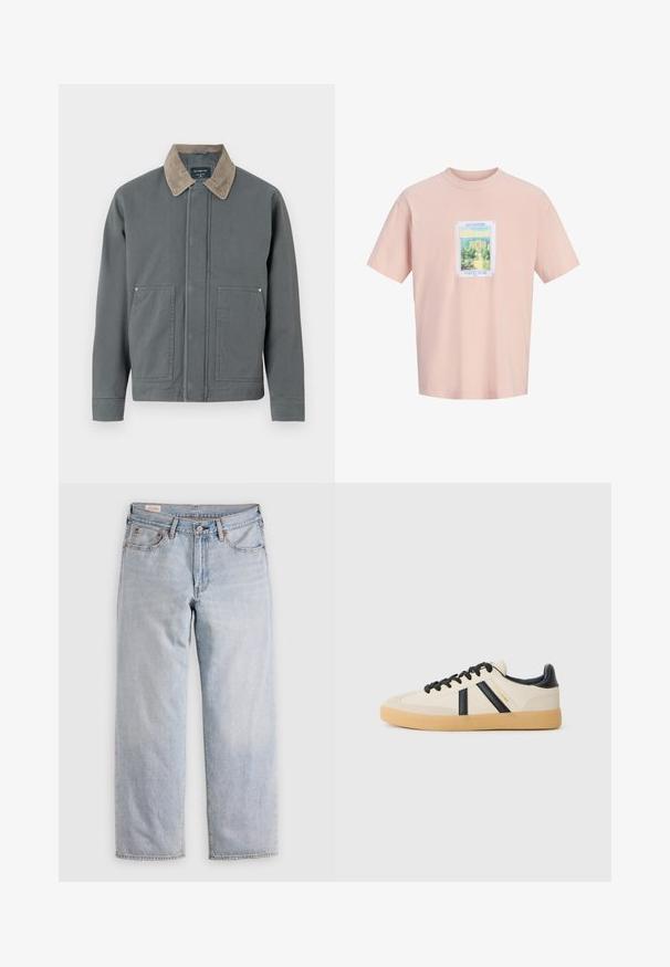 Chaqueta de lona gris con cuello de pana, dos bolsillos frontales y un cierre frontal sencillo. Presenta una superficie texturizada y un corte relajado.; Camiseta rosa de manga corta con un estampado de estilo vintage centrado, que muestra un edificio costero con palmeras y texto en francés.; Jeans rectos azul claro con cintura alta, cierre de botón y bolsillos delanteros y traseros, exhibidos sobre una superficie plana.; Zapatillas casuales en crema con rayas negras, con parte superior texturizada y suela de goma. Los cordones son negros. Logo sutil en el costado.