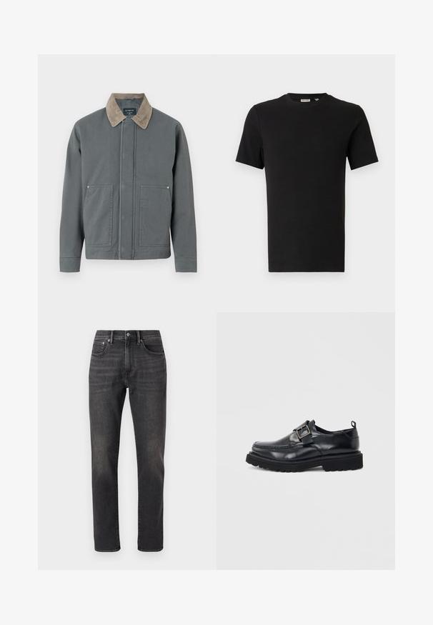 Veste en toile grise avec un col en velours côtelé, deux poches avant et une fermeture frontale simple. Présente une surface texturée et une coupe décontractée.; T-shirt noir à manches courtes et col rond avec une texture côtelée, présenté sur un fond gris clair neutre.; Jean en denim noir avec une coupe droite, dotés de poches avant, d'une fermeture à bouton et d'un léger délavage sur le tissu.; Mocassin en cuir noir avec semelle épaisse et sangle à boucle argentée sur le côté, sur fond blanc.