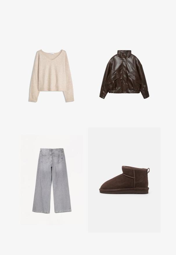 Donkerbruine jas van imitatieleer met hoge kraag, grote klepzakken, elastische zoom en drukknoopsluiting aan de voorkant.; Beige zachte gebreide V-hals trui met lange mouwen en geribbelde manchetten en zoom, weergegeven op een witte achtergrond.; Grijze wijde jeans met een hoge taille, voorzien van een gladde textuur, twee achterzakken en subtiele stikseldetails.; Bianco BIASNOW - Enkelkaarsjes - dark brown