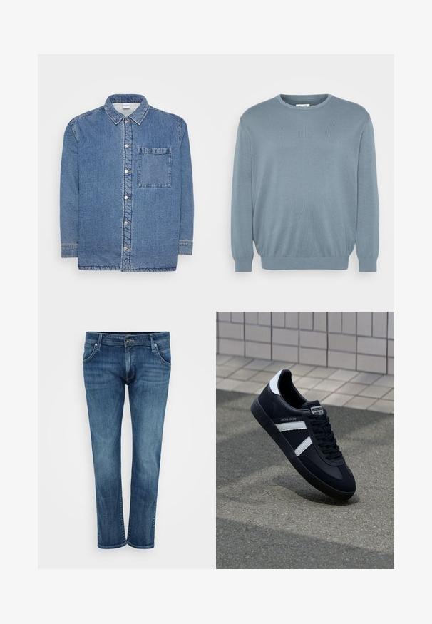 Denimhemd, blau, mit langen Ärmeln und Knopfleiste vorne. Verfügt über einen spitzen Kragen und eine einzelne Brusttasche. Strukturierter Stoff.; Helles blaues Sweatshirt aus Strickstoff, mit rundem Halsausschnitt und gerippten Bündchen und Saum. Einfaches Design mit einer weichen Textur.; Blaue Denim-Jeans mit geradem Bein, ausgestattet mit vorderen Taschen, einem Reißverschluss und dezentem Verblassen. Klassischer Stil mit mittlerem Wasch-Effekt.; Schwarze Leder-Sneaker mit weißen Streifen, strukturiertem Gummisohle und Schnürung. Verfügt über ein Markenetikett auf der Zunge.