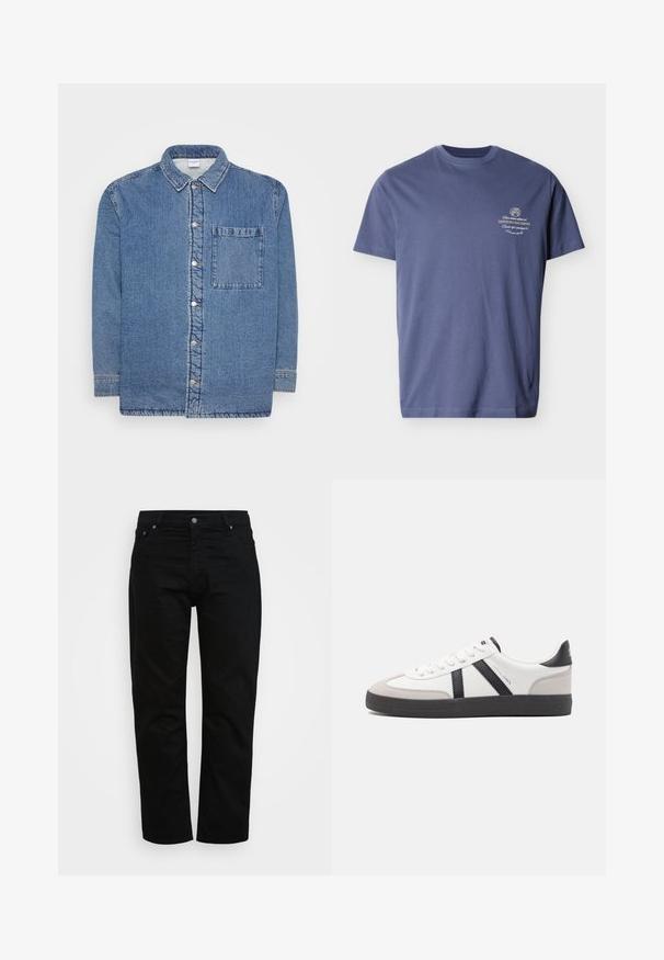 Jeanshemd, blauw, met lange mouwen en een knoopsluiting aan de voorkant. Heeft een puntige kraag en een enkele borstzak. Gestructureerde stof.; Blauw T-shirt met korte mouwen en ronde hals, met een klein wit tekstlogo op de linkerborst met de tekst "Certified Daily Basics Garments."; Zwarte jeans van katoen, met een klassieke snit, vijf zakken en een metalen knoopsluiting. Glad textuur met rechte pijpen.; Witte sneaker met zwarte en grijze accenten, voorzien van een grijze neus met textuur, zwarte rubberen zool en platte witte veters. Schoon ontwerp, minimalistische stijl.