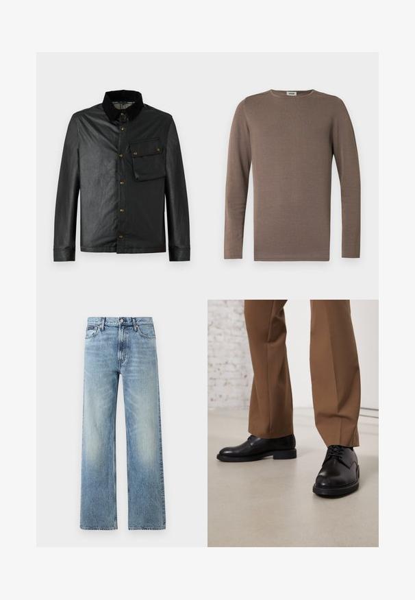Schwarze, leichte Jacke mit Knopfleiste, Cordkragen und Brusttasche. Verfügt über Messingbeschläge und eine glatte, leicht glänzende Textur.; Braunes Langarmshirt aus weichem Stoff mit rundem Ausschnitt und gerippter Struktur. Einfaches, klassisches Design ohne Verzierungen.; Hellblaue Jeans mit geradem Bein, hohem Bund, fünf Taschen, Knopfverschluss und dezentem Verblassen an Oberschenkeln und Knien.; Schwarze Lederschuhe mit glatter Oberfläche und runder Zehenpartie, mit Schnürverschluss und einer flachen, niedrigen Sohle. Kombiniert mit braunen Hosen.