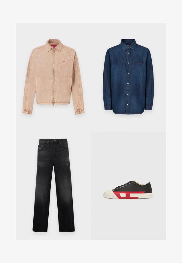 Veste beige clair avec fermeture éclair, poches latérales et poignets élastiques. Tissu texturé avec un petit logo rouge sur la poitrine.; La chemise en denim présente une teinte bleu foncé, un col boutonné, un col pointu, des manches longues et un petit logo rouge sur la poitrine.; Jean en denim noir à coupe droite, avec cinq poches, un léger délavage et un aspect usé. Détails visibles en métal et coutures apparentes.; Baskets en toile noire avec des accents rouges, un bout en caoutchouc et une semelle blanche. Elles présentent des lacets noirs et un design texturé sur le côté.