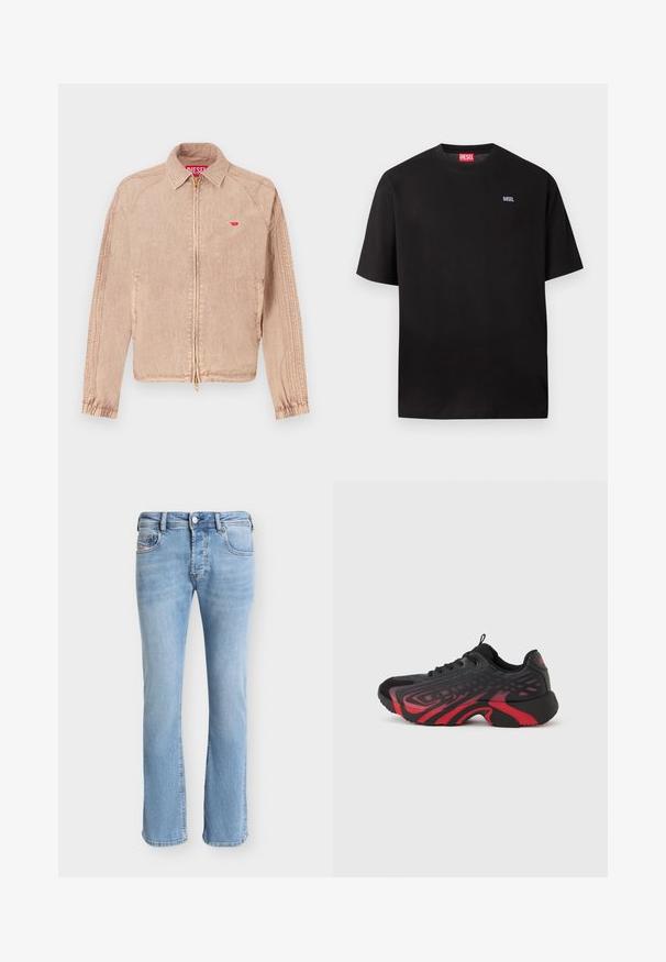 Veste beige clair avec fermeture éclair, poches latérales et poignets élastiques. Tissu texturé avec un petit logo rouge sur la poitrine.; T-shirt Diesel noir à manches courtes avec petit logo blanc "DIESEL" sur le côté gauche de la poitrine et étiquette Diesel rouge à l'intérieur du col.; Jean droit en denim bleu clair avec poches avant, passants de ceinture, fermeture à boutons et coutures visibles sur un fond uni.; Chaussure de sport noire et rouge avec une tige texturée ornée de motifs, fermeture à lacets et semelle épaisse en caoutchouc.