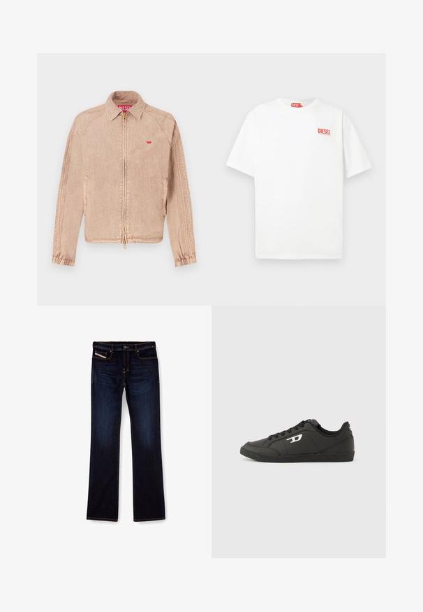 Chaqueta beige claro con cierre de cremallera, bolsillos laterales y puños elásticos. Tejido texturizado con un pequeño logo rojo en el pecho.; Camiseta de algodón blanca de manga corta con un logo rojo de "DIESEL" en el lado izquierdo del pecho, que presenta un corte relajado y un diseño sencillo.; Jeans de mezclilla de color azul oscuro con corte recto, con costuras naranjas, cremallera en la bragueta y bolsillos delanteros. Textura suave y cinturilla estándar.; Zapatillas deportivas negras sintéticas con suela negra texturizada, puntera redonda y cordones planos negros. Destaca un logo blanco en el lateral exterior.