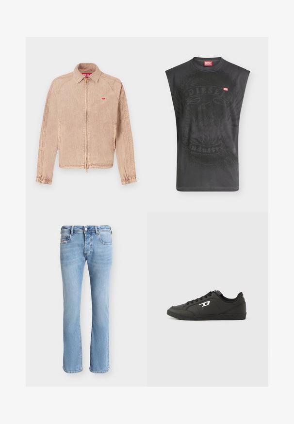 Veste beige clair avec fermeture éclair, poches latérales et poignets élastiques. Tissu texturé avec un petit logo rouge sur la poitrine.; T-shirt noir sans manches Diesel avec un graphisme subtil d'aigle et un petit patch logo Diesel rouge sur la poitrine.; Jean droit en denim bleu clair avec poches avant, passants de ceinture, fermeture à boutons et coutures visibles sur un fond uni.; Baskets synthétiques noires avec une semelle noire texturée, un bout rond et des lacets plats noirs. Logo blanc remarquablement placé sur le côté extérieur.