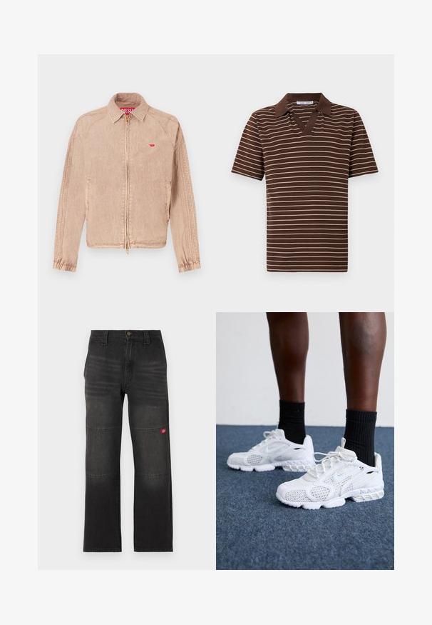 Hellbeige Jacke mit Reißverschluss, Seitentaschen und elastischen Bündchen. Strukturierter Stoff mit kleinem rotem Logo auf der Brust.; Braunes Kurzarm-Poloshirt mit weißen dünnen horizontalen Streifen und einem Einsteckkragen, dargestellt auf einem neutralen Hintergrund.; Schwarze Denim-Arbeitshose mit doppelten Kniepaneelen und einem kleinen roten Logopatch am rechten Bein, gerader Schnitt und Bund mit Knopfverschluss.; Weiße Sportschuhe mit Mesh-Obermaterial, strukturierten Akzenten und gepolsterter Sohle. Kombieirt mit schwarzen gerippten Knöchelsocken auf einer blauen Teppichoberfläche.