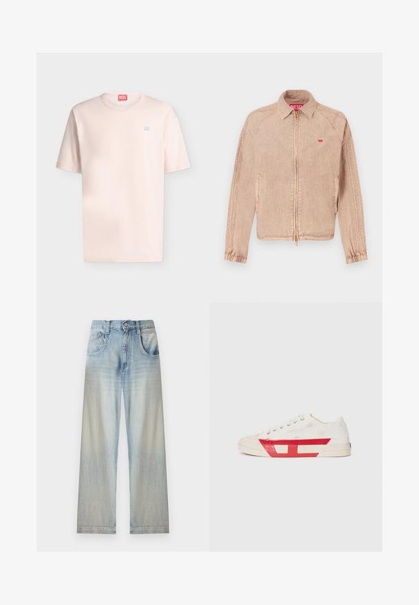 Veste beige clair avec fermeture éclair, poches latérales et poignets élastiques. Tissu texturé avec un petit logo rouge sur la poitrine.; T-shirt rose clair à manches courtes et col rond avec petit logo Diesel bleu sur la poitrine et étiquette Diesel rouge à l'intérieur du col.; Jean denim bleu clair à jambes larges avec poches avant, fermeture par bouton et décoloration aux cuisses et aux bas des jambes.; Baskets en toile avec un dessus blanc, des accents en caoutchouc rouge et un design texturé. Elles présentent une tête arrondie et cinq œillets pour les lacets.
