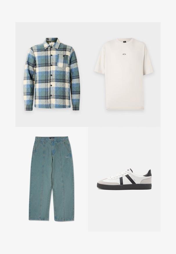 Gequilted shirtjack in blauw, groen en beige ruitpatroon. Voorzien van een knoopsluiting en een borstzak met labelaccenten.; Oakley RISE TEE - T-shirt basic - mist; Lichtblauwe, niet-verweerde denim broek met een recht model, voorzien van voorzakken en een subtiele geborduurde logo nabij de taille.; Witte sneaker met zwarte en grijze accenten, voorzien van een grijze neus met textuur, zwarte rubberen zool en platte witte veters. Schoon ontwerp, minimalistische stijl.