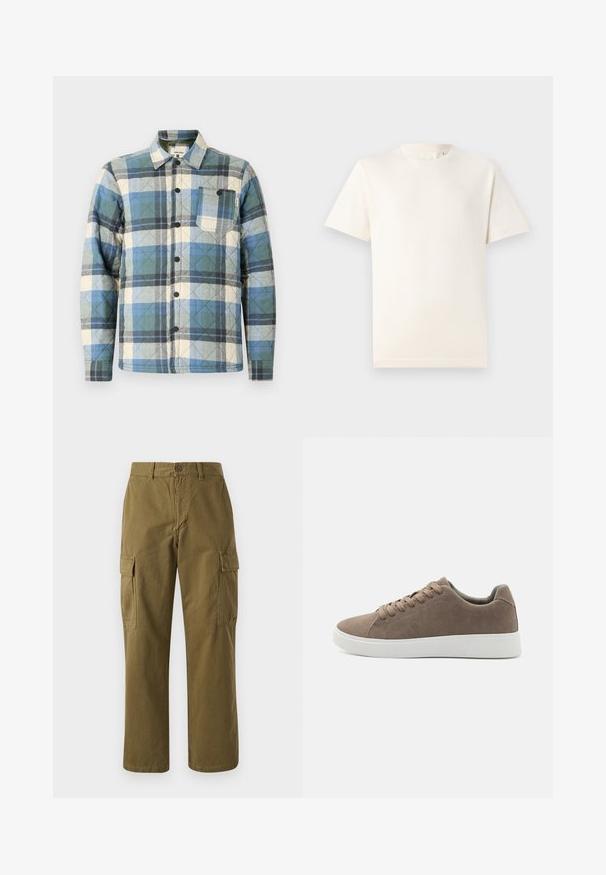 Quiltet skjortejakke i blå, grøn og beige ternet mønster. Har knaplukning og en brystlomme med labeldetaljer.; TOM TAILOR BASIC CREW NECK - T-shirts basic - smooth light sand; Oliven grønne cargo bukser lavet af bomuld, med lige ben, front knaplukning og to sidelommer med klaplukninger.; Brune ruskinds sneakers med flade hvide gummisåler, snørelukning, rund tå og en glat overflade. Minimalistisk stil med diskrete syninger.