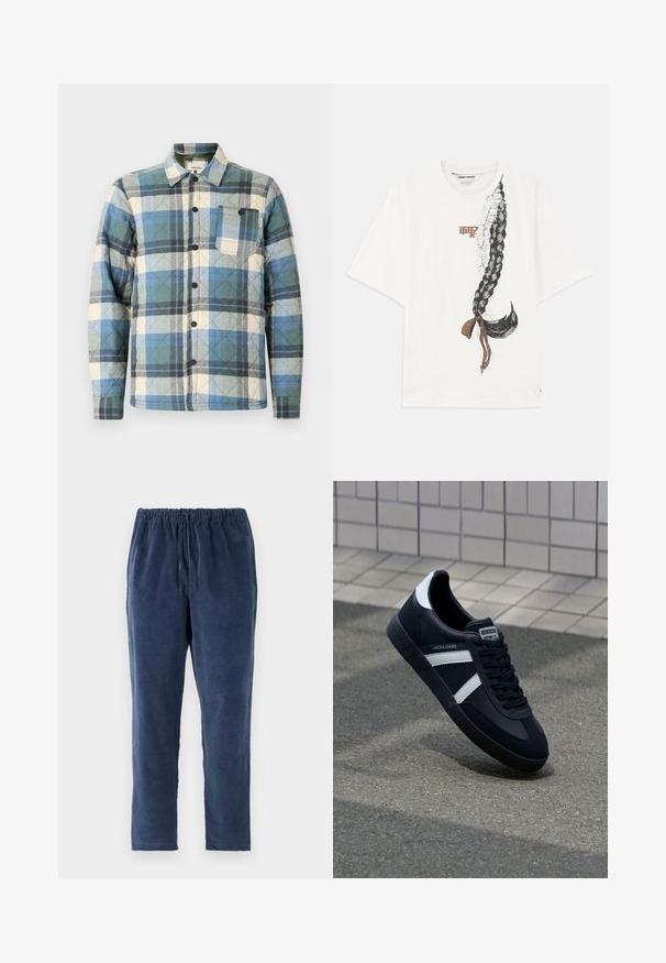 Gepolsterte Shirtjacke im blau, grün und beige karierten Muster. Mit Knopfverschluss und einer Brusttasche mit Etikettenakzenten.; Weißes T-Shirt mit kurzen Ärmeln, das ein großes Grafikdesign einer geflochtenen Frisur mit floralen Akzenten und einer braunen Schleife am unteren Rand zeigt.; Marineblaue Hose mit weicher Textur, elastischem Bund und geradem Bein. Keine Taschen. Der Stoff sieht leicht aufgeraut aus.; Schwarze Leder-Sneaker mit weißen Streifen, strukturiertem Gummisohle und Schnürung. Verfügt über ein Markenetikett auf der Zunge.