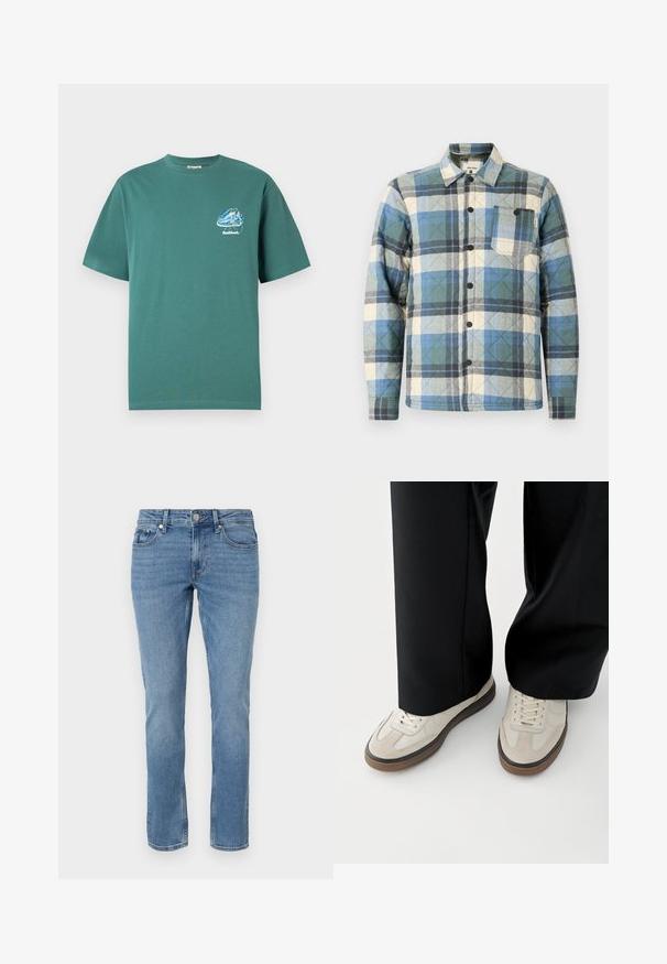 Gequilted shirtjack in blauw, groen en beige ruitpatroon. Voorzien van een knoopsluiting en een borstzak met labelaccenten.; Groene katoenen T-shirt met korte mouwen, met een kleine, kleurrijke grafische afbeelding op de linkerborst. Lichtgewicht, normale pasvorm.; Blauwe rechte spijkerbroek met voorzakken, riemlussen en een knopen sluiting.; Voeten met beige sneakers met bruine zolen en zwarte wijde broekspijpen op een witte achtergrond.