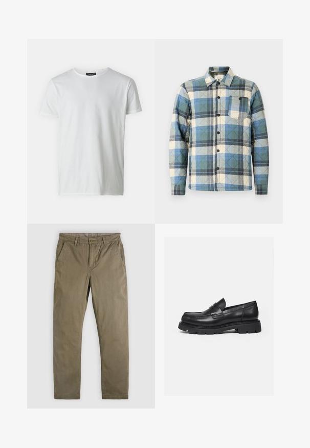 Gepolsterte Shirtjacke im blau, grün und beige karierten Muster. Mit Knopfverschluss und einer Brusttasche mit Etikettenakzenten.; Weißes T-Shirt mit kurzen Ärmeln und Rundhalsausschnitt aus Baumwolle mit glatter Textur. Verfügt über ein Etikett am Kragen. Einfaches, schlichtes Design.; Khakifarbene Baumwoll-Chinos mit glatter Textur. Sie haben ein klassisches Design, gerade Beine und Vordertaschen.; Schwarzer Lederloafer mit dicker, profilierter Sohle und Pennyriemen-Detail, von der rechten Seitenansicht auf weißem Hintergrund gezeigt.