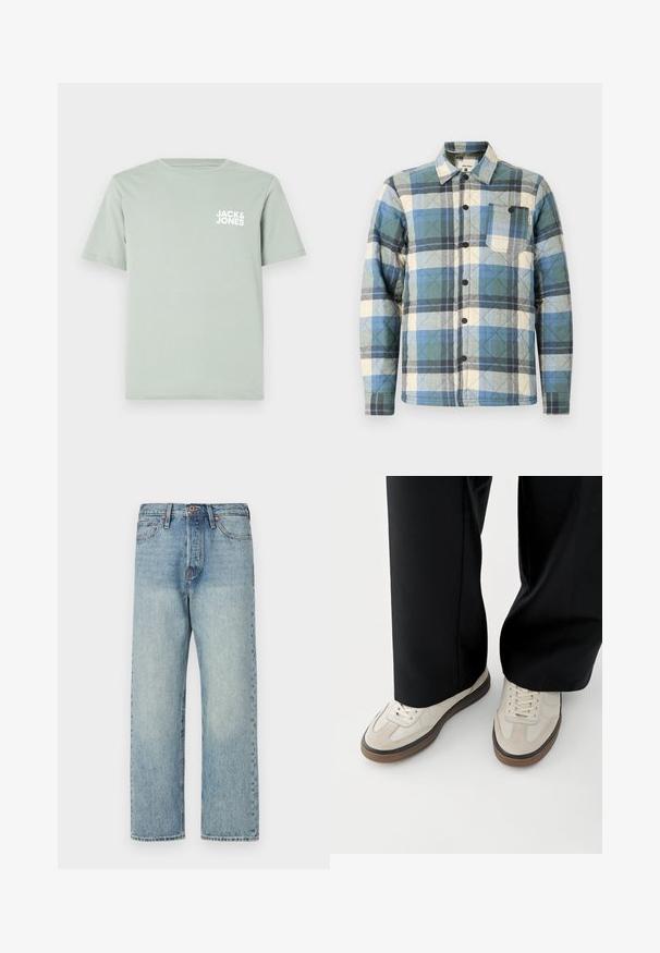 Gepolsterte Shirtjacke im blau, grün und beige karierten Muster. Mit Knopfverschluss und einer Brusttasche mit Etikettenakzenten.; Hellgrünes Baumwoll-T-Shirt mit Rundhalsausschnitt und kurzen Ärmeln. Mit einem weißen Logo "JACK & JONES", das auf der linken Brust gedruckt ist.; Hellblaue Jeans aus Denim mit geradem Bein, fünf Taschen und bronzener Hardware. Minimale Ausbleichungen mit einem sauberen Finish.; Füße mit beigen Sneakers mit braunen Sohlen und schwarzen Hosen mit weitem Bein auf weißem Hintergrund.