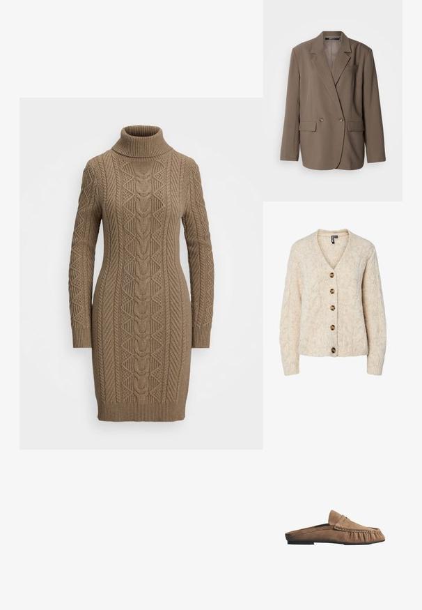 Brun dobbeltradet blazer med hakkede revers, to forlommer og glat tekstur. Har to runde knapper og en skræddersyet pasform.; Lysebeige strikket cardigan med V-udskæring, kabelstrikkemønster og fem brune knapper ned foran. Ribstrikkede manchetter og kant.; Brun kabelstrikket højhalset kjole med lange ærmer og indviklede strikkemønstre på fronten og ærmerne.; Brun ruskind slip-on loafer med en flad sort sål og mokkasinsyning rundt om tåområdet.