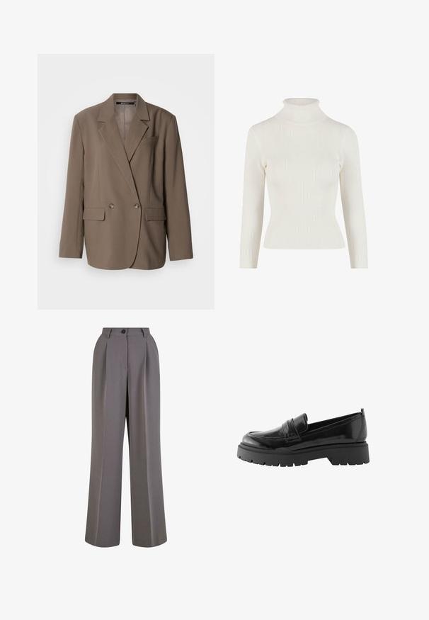 Brun dobbeltradet blazer med hakkede revers, to forlommer og glat tekstur. Har to runde knapper og en skræddersyet pasform.; Hvid ribbet rullekravesweater med lange ærmer og tætsiddende silhuet. Blød tekstur og strækbart materiale for komfort og bevægelsesfrihed.; Bredbukser i gråt stof med for-pletninger, en enkelt knaplukning og sidelommer. Glat tekstur og skræddersyet design.; Sorte lakerede loafers har en lav platformssål med en robust træd og en quiltet detalje over midtfoden.
