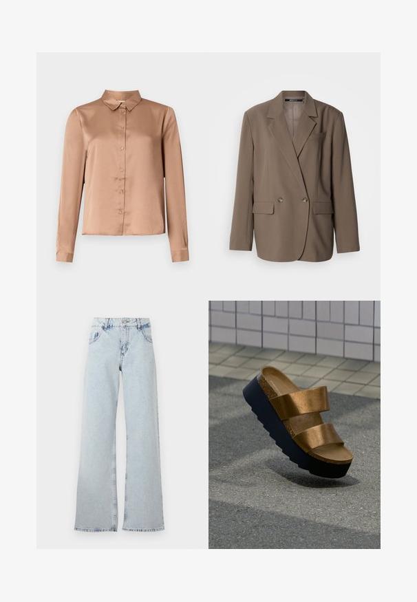 Brun dobbeltradet blazer med hakkede revers, to forlommer og glat tekstur. Har to runde knapper og en skræddersyet pasform.; Langærmet bluse i lysbrun satin med krave, knaplukning foran og skræddersyet pasform med lige kant.; Lyseblå bred ben jeans lavet af denim, med høj talje, bælteholdere, fem lommer og slidte områder for et vintage udseende.; Brun læder dobbelt-strap slip-on sandal med tyk sort platformsål på tekstureret fortov nær flisebelagt væg.