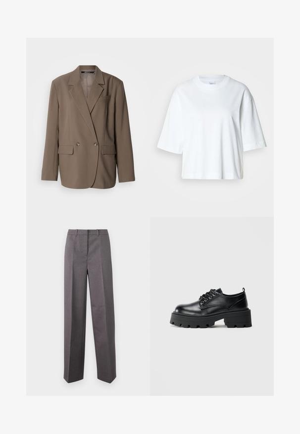 Blazer marron croisé avec revers crantés, deux poches avant et texture lisse. Comprend deux boutons ronds et une coupe ajustée.; T-shirt blanc court à manches courtes, col rond, en coton doux, avec un design simple et épuré.; Pantalon tailleur gris en tissu texturé, avec une coupe droite, un devant plat et des passants de ceinture.; Chaussures en cuir noir avec un bout arrondi, un laçage et une semelle en caoutchouc épaisse avec des crampons profonds. Détails de couture simples le long des bordures.