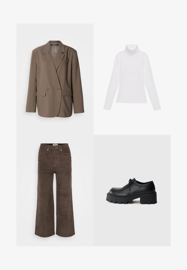 Brun dobbeltradet blazer med hakkede revers, to forlommer og glat tekstur. Har to runde knapper og en skræddersyet pasform.; Hvid langærmet turtle-neck top lavet af glat, strækbart stof. Har en høj krave og tætsiddende design, uden synlige mønstre eller udsmykninger.; Brune bredbenede bukser i kordfløjl med ribbet tekstur, fem lommer og frontlukning med knap. Har et mærke i taljen.; Sort læder snørebåndssko med en tyk, tekstureret sort gummisål og en rund tå. Har subtile syninger.