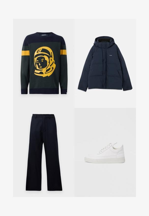 Veste matelassée bleu marine avec capuche, dotée d'une fermeture éclair à l'avant, de deux poches latérales et d'un petit logo sur la poitrine. Tissu lisse et résistant à l'eau.; Pull en tricot vert foncé et marine. Il présente un graphique audacieux d'astronaute jaune à l'avant, avec des accents rayés sur les manches.; Pantalons larges taille haute noirs avec passants de ceinture, bouton avant et fermeture éclair sur fond blanc uni.; Baskets en cuir blanc avec un embout arrondi, une semelle plate et un laçage à l'avant. Présentent des détails de couture et un col rembourré pour plus de confort.