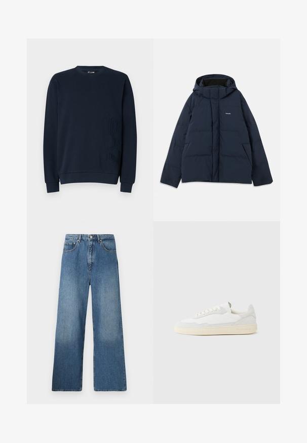 Námořnická modrá zateplená bunda s kapucí, přední zip, dvě boční kapsy a malé logo na hrudi. Hladká, voděodolná tkanina.; Námornícky crewneck mikina s textúrovaným dizajnom "EAT" na ľavej prednej strane. Vyrobená z mäkkého materiálu, obsahuje manžety a jemný elastický lem.; Džíny s širokými nohavicami v modrej denimovej farbe ponúkajú klasický dizajn s piatimi vreckami, predným zapínaním na gombík a miernym osvetlením pre textúru.; Biela teniska s jemne štruktúrovaným zvrškom zo semišu a kože. Má zaoblenú špičku, viazanie na šnúrky a kontrastnú béžovú gumovú podrážku.