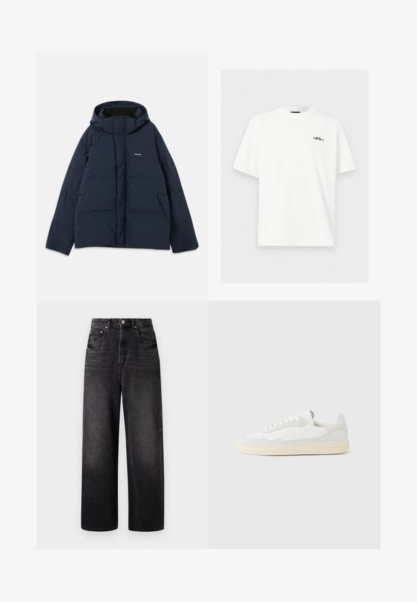 Navyblaue gepolsterte Jacke mit Kapuze, mit einem vorderen Reißverschluss, zwei seitlichen Taschen und einem kleinen Logo auf der Brust. Glattes, wasserabweisendes Material.; Weißes T-Shirt mit kurzen Ärmeln, rundem Hals und kleinem schwarzen, gesticktem Logo "Paul Smith" auf der linken Brust vor einfarbigem Hintergrund.; Schwarze Jeans aus Denim mit lockerer Passform, hoher Taille, fünf Taschen und sichtbarem Knopfverschluss. Sie verfügen über dezente Verblassung und ein gerades Bein-Design.; Weißer Sneaker mit strukturiertem Obermaterial aus Wildleder und Leder. Verfügt über eine runde Zehenpartie, Schnürverschluss und eine kontrastierende beige Gummisohle.