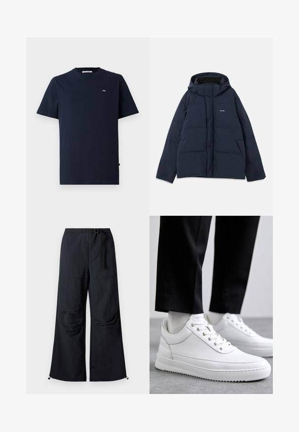 Námořnická modrá zateplená bunda s kapucí, přední zip, dvě boční kapsy a malé logo na hrudi. Hladká, voděodolná tkanina.; Námornícky modré bavlnené tričko s krátkymi rukávmi, okrúhlym výstrihom, diskrétnym logom "WW" na hrudi a rovný lem. Hladká textura, neformálny dizajn.; Čierne široké nohavice z ľahkej látky. Majú opasok, dve veľké bočné vrecká a nastaviteľné lemy so zapínaním na sťahovacie gombíky.; Biele kožené tenisky s plochou gumovou podrážkou, s hladkým povrchom, okrúhlou špičkou a kovovými očkami na šnúrky. Nosené s čiernymi nohavicami.